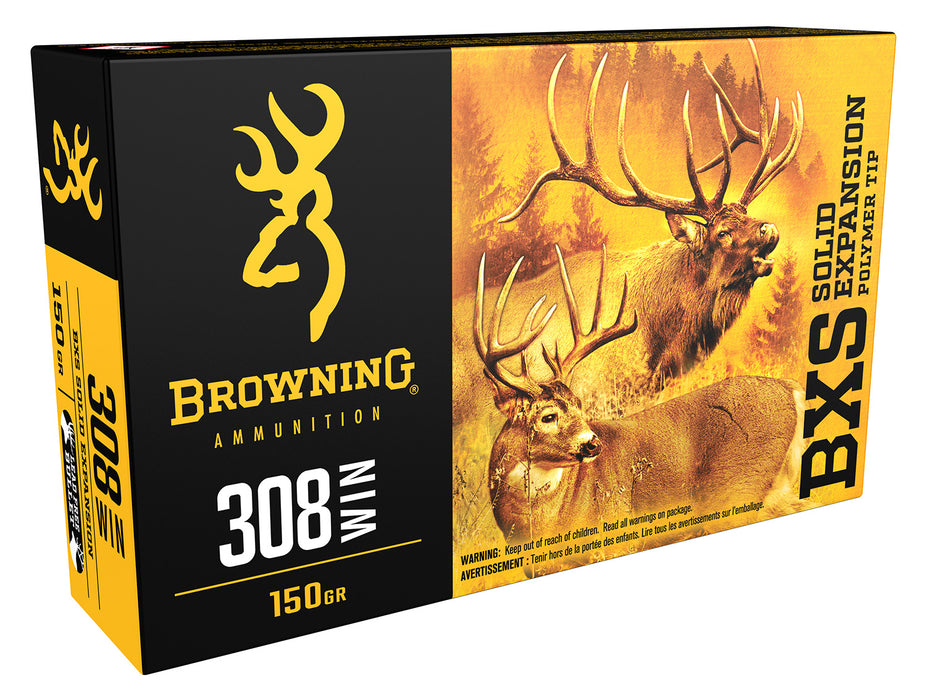 Browning Ammo B192403081 BXS Big Game & Deer 308 Win 150 gr 2820 fps Lead Free Solid Expansion Polymer Tip 20 Bx/10 Cs