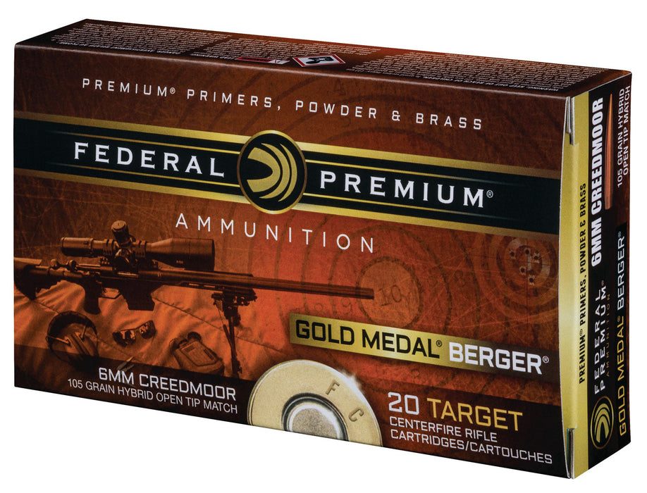 Federal GM65CRDBH1 Premium Gold Medal 6mmCreedmoor 105gr Berger Hybrid Open Tip Match