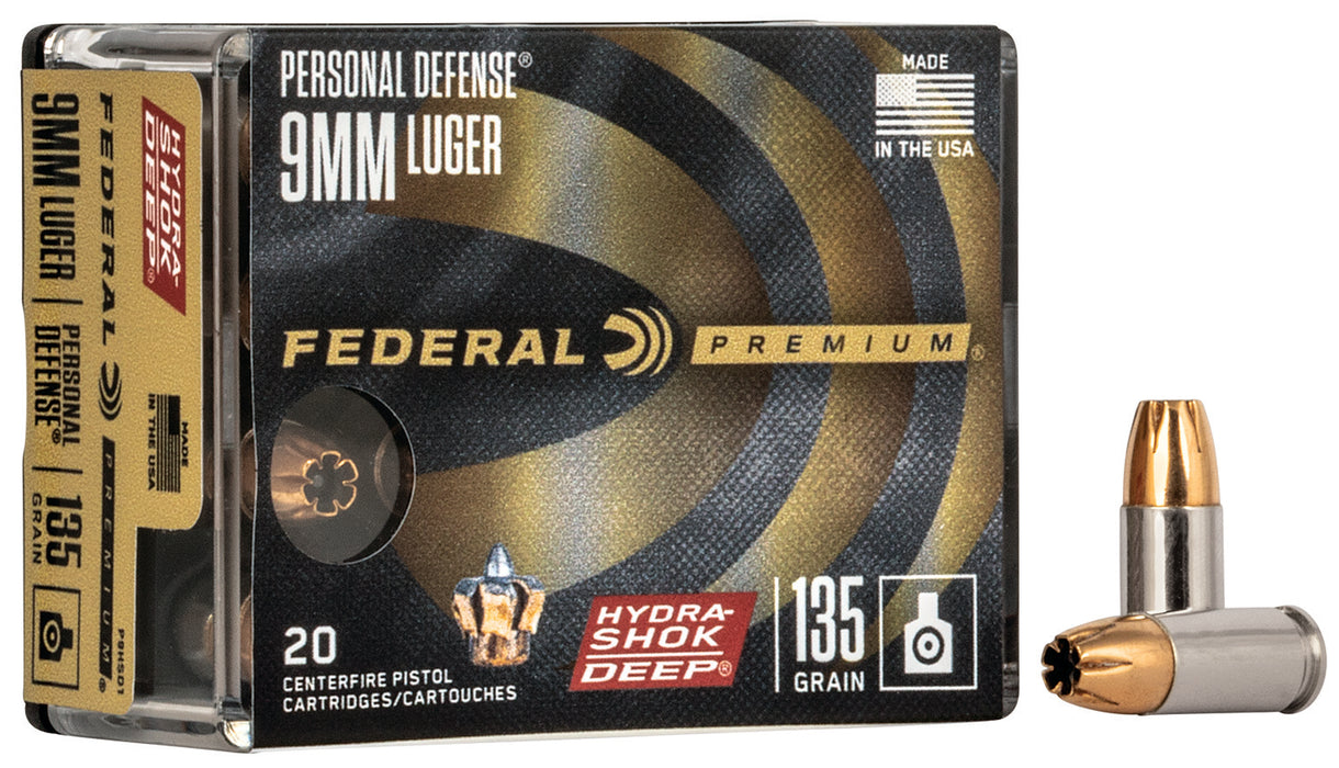 Federal P9HSD1 Premium Personal Defense 9mm Luger 135 gr Hydra-Shok Deep Hollow Point 20 Per Box/10 Cs