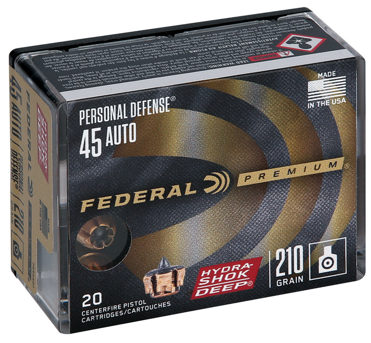 Federal P45HSD1 Premium Personal Defense 45 ACP 210 gr Hydra-Shok Deep Hollow Point 20 Per Box/10 Cs