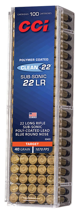 CCI 934CC Clean-22 Subsonic 22 LR 40 gr 1070 fps Blue Poly-Coated Lead Round Nose (LRN) 100 Bx/50 Cs