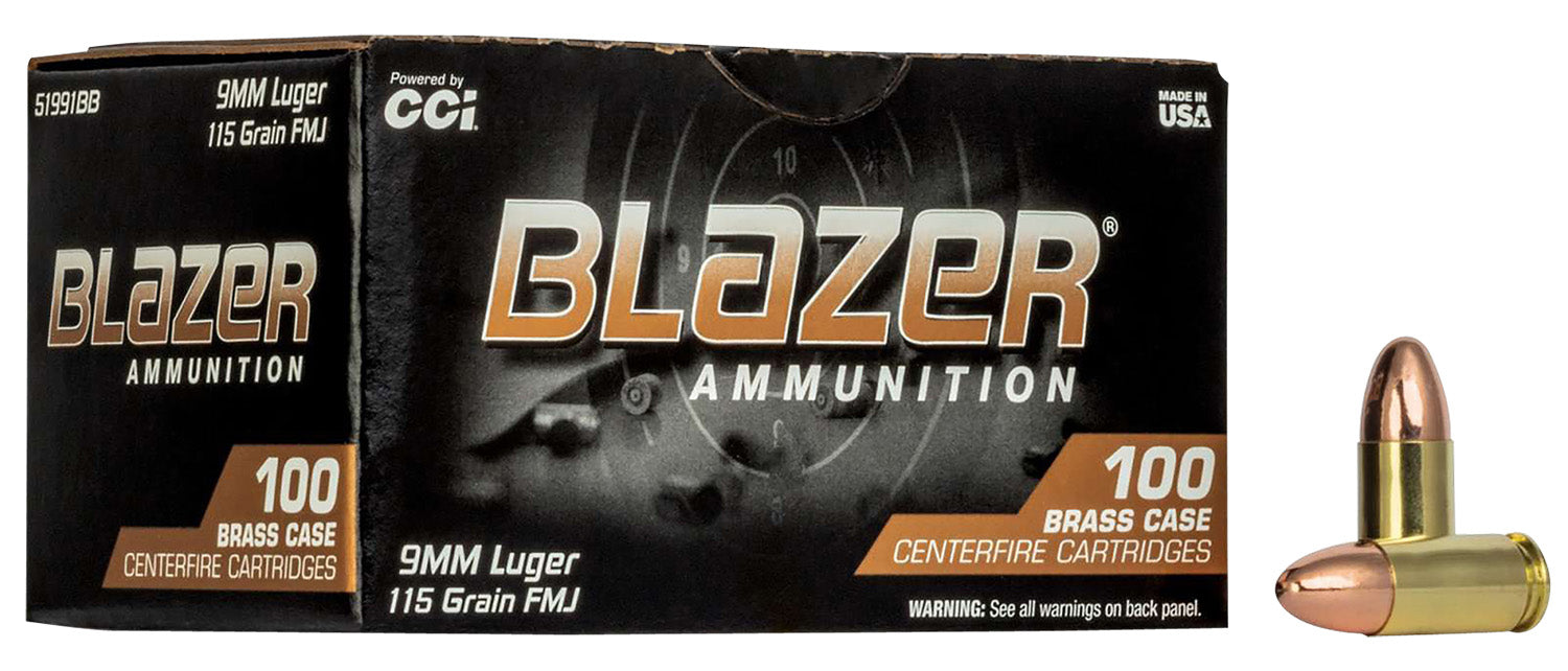 CCI 51991BB Blazer Brass  9mm Luger 115 gr 1145 fps Full Metal Jacket (FMJ) 100 Bx/5 Cs