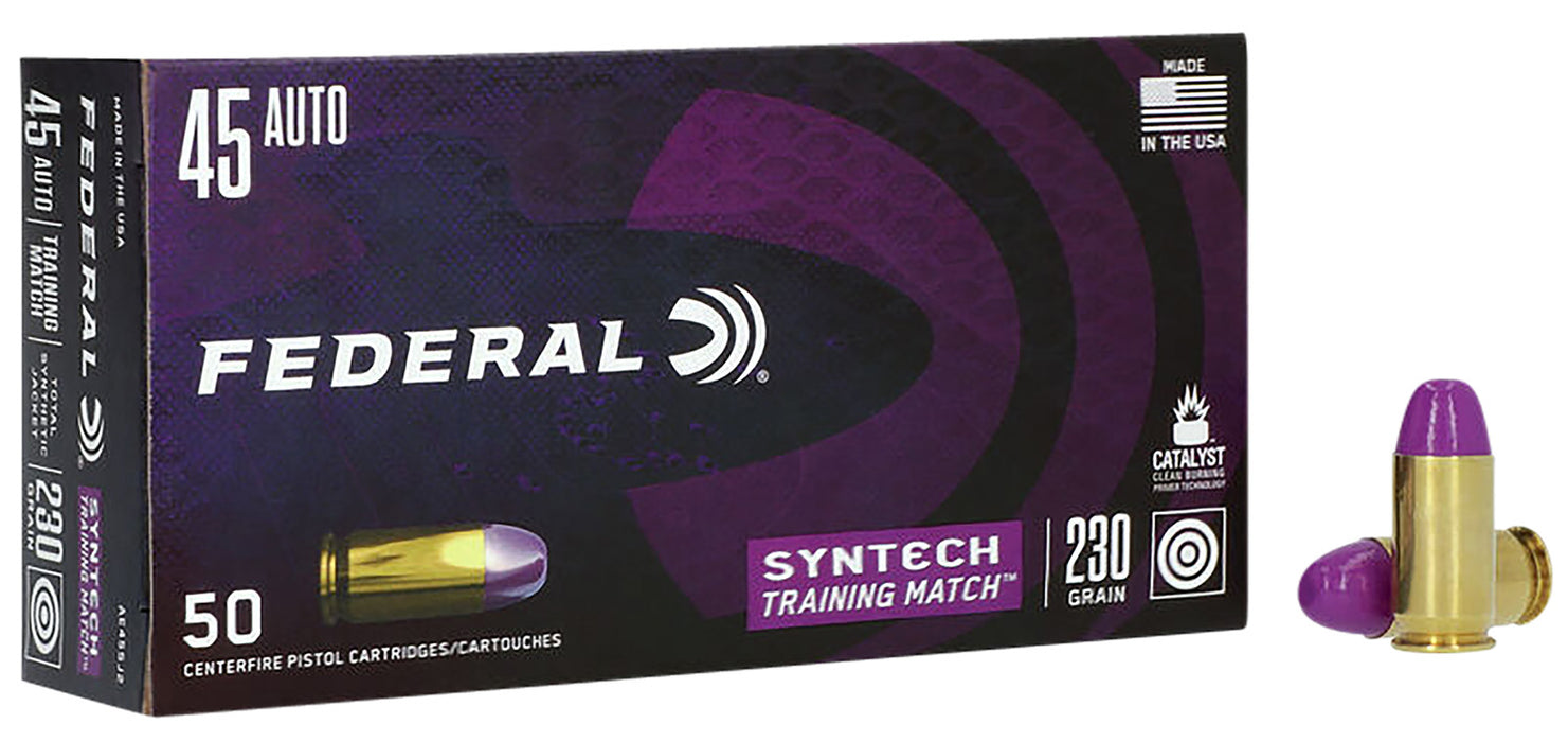 Federal AE45SJ2 Syntech Training Match  45 ACP 230 gr Total Syntech Jacket Flat Nose (TSF) 50 Per Box/10 Cs