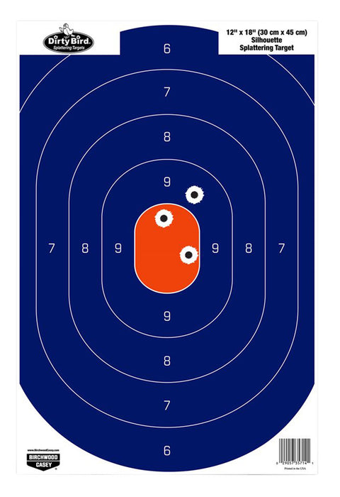 Birchwood Casey 35720 Dirty Bird  Silhouette Tagboard Hanging Pistol 12" x 18" Blue/Orange White Impact Splatter 50 Per Pkg