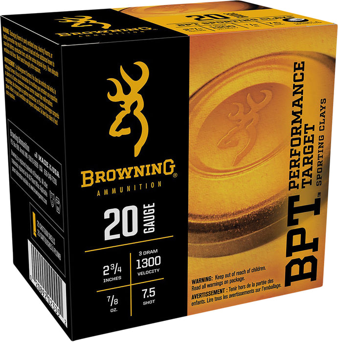 Browning Ammo B193632027 BPT Performance Target 20 Gauge 2.75" 7/8 oz 1300 fps 7.5 Shot 25 Bx/10 Cs