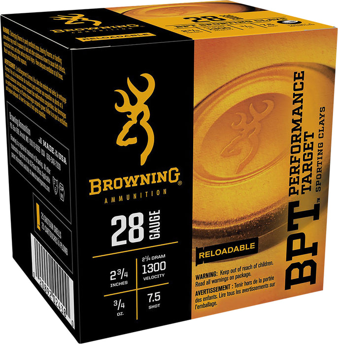 Browning Ammo B193632827 BPT Performance Target 28 Gauge 2.75" 3/4 oz 1300 fps 7.5 Shot 25 Bx/10 Cs