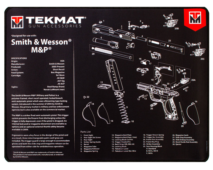 TekMat TEKR20SWNP S&W M&P Ultra 20 Cleaning Mat S&W M&P Parts Diagram 15" x 20"