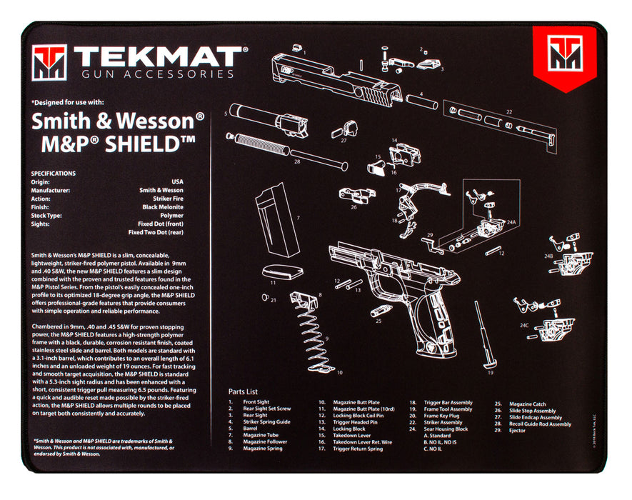 TekMat TEKR20SWMPSHIELD S&W M&P Shield Ultra 20 Cleaning Mat S&W M&P Shield Parts Diagram 15" x 20"