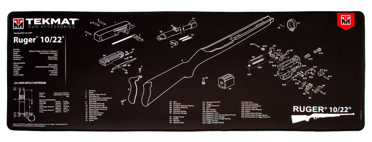 TekMat TEKR441022 Ruger 10-22 Ultra 44 Cleaning Mat Ruger 10-22 Parts Diagram 15" x 44"