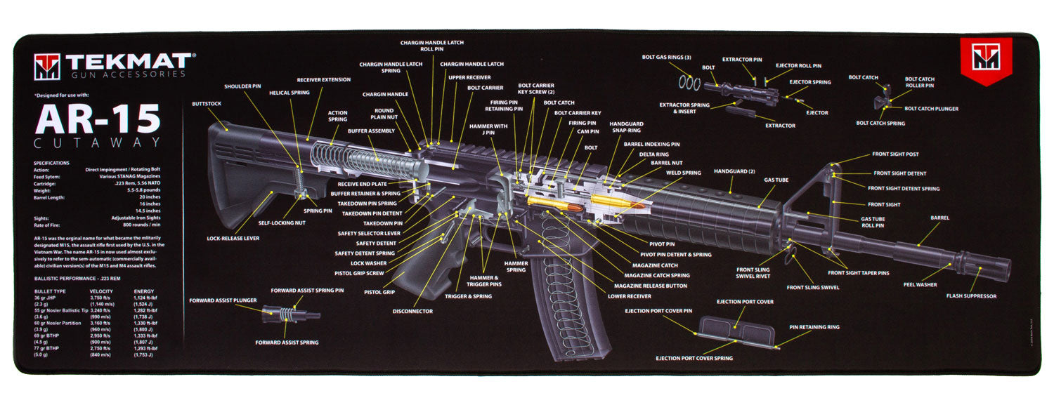 TekMat TEKR44AR15CA AR-15 Cutaway Cleaning Mat Black/White Rubber 44" Long  AR-15 3D Cutaway Illustration