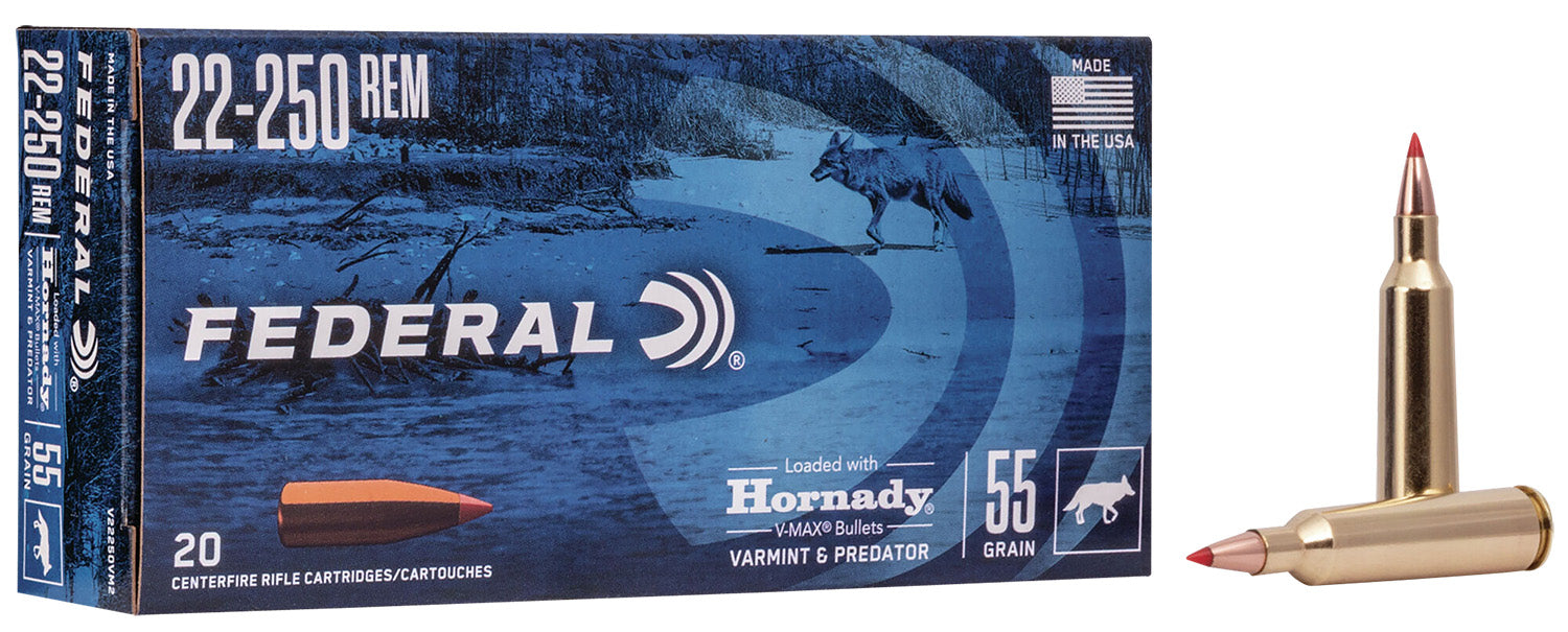 Federal V22250VM2 Standard Varmint & Predator 22-250 Rem 55 gr Hornady V-Max (VMX) 20 Bx/ 10 Cs