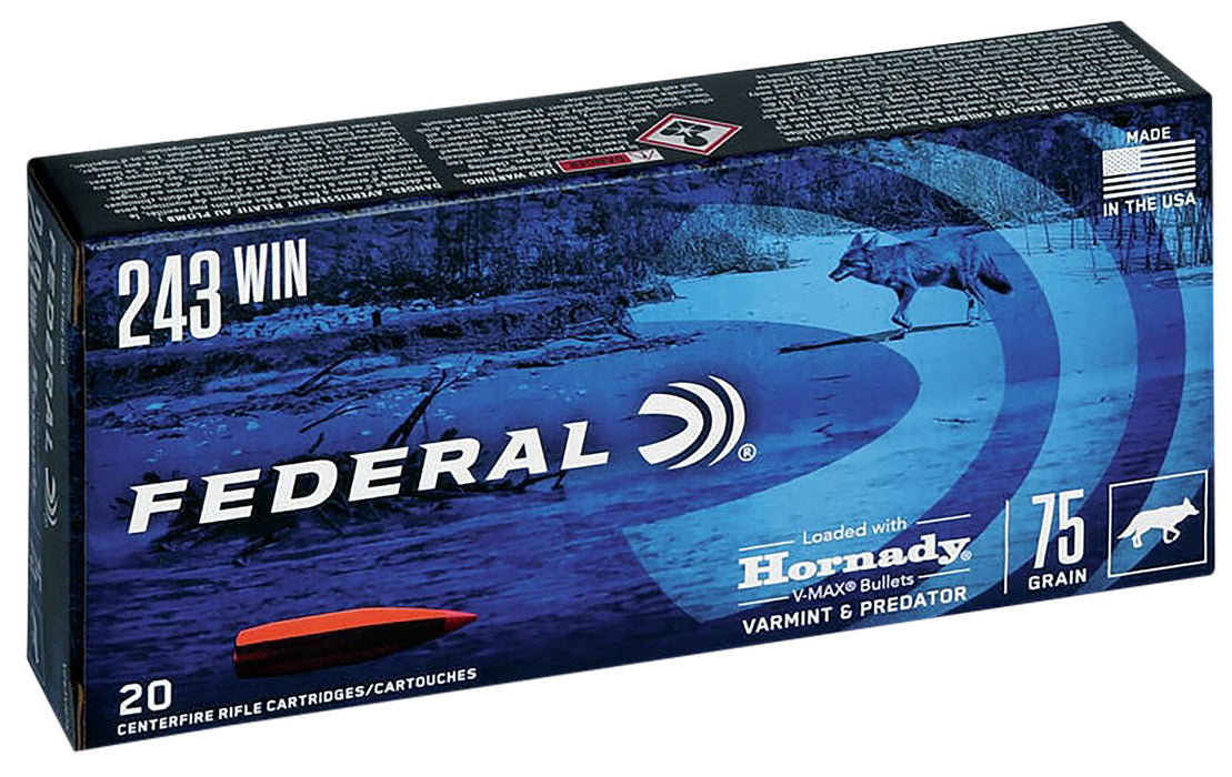 Federal V243VM75 Standard Varmint & Predator 243 Win 75 gr Hornady V-Max (VMX) 20 Bx/ 10 Cs