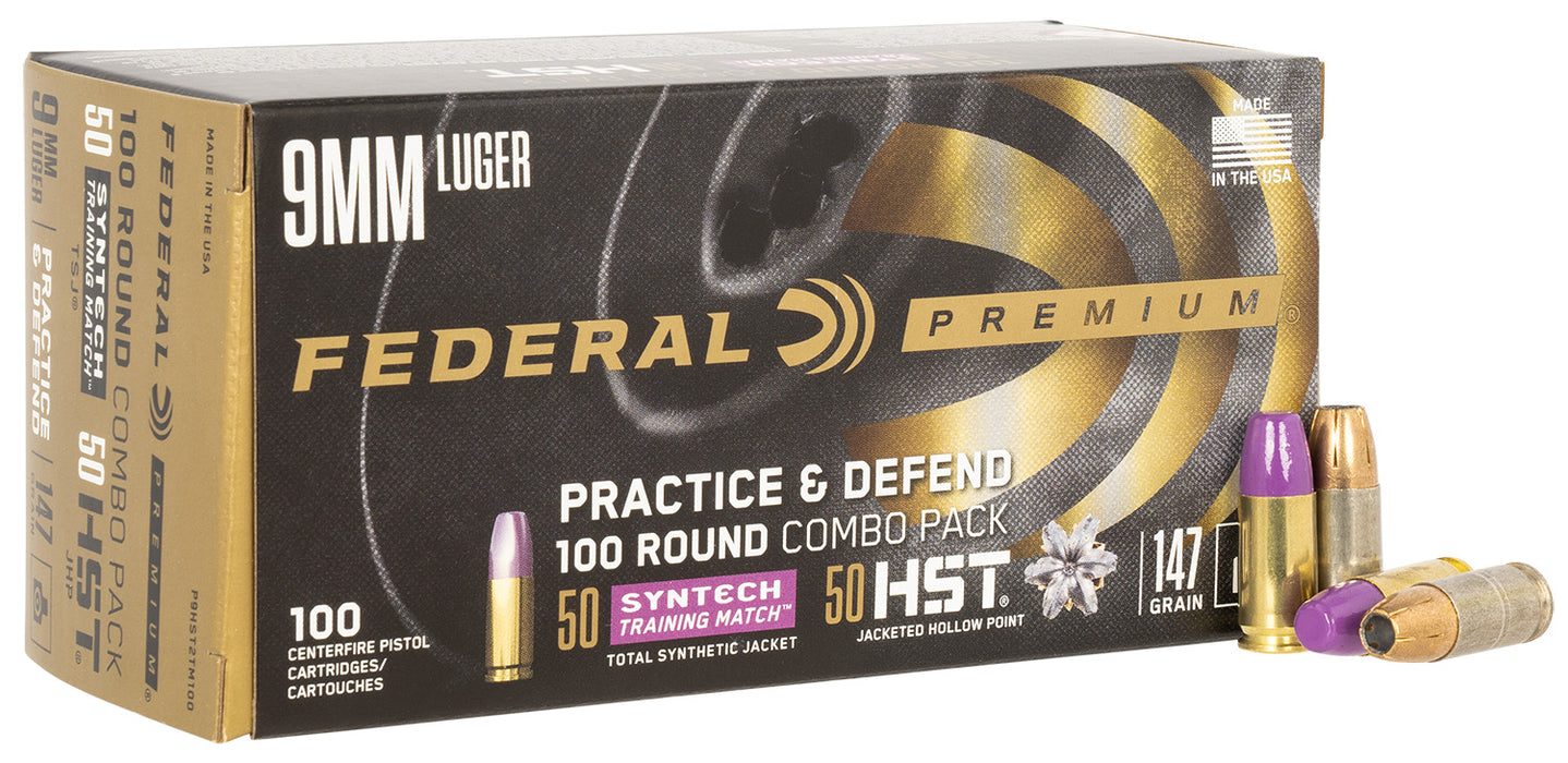 Federal P9HST2TM100 Premium Practice & Defend 9mm Luger 147 gr HST JHP/Syntech TSJ 100 Per Box/5 Cs