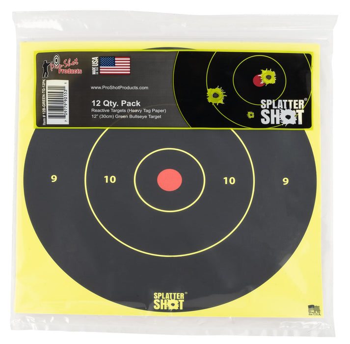 Pro-Shot 12BGREENTG12PK SplatterShot  12" Bullseye Hanging Heavy Paper Black/Red Impact Enhancement Yes White 12 PK