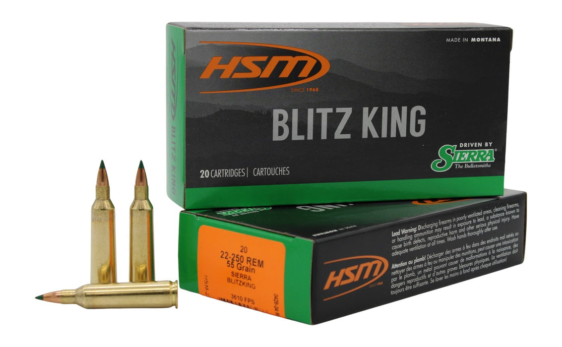 HSM 2225020N Varmint  22-250 Rem 55 gr Sierra BlitzKing 20 Per Box/ 25 Case