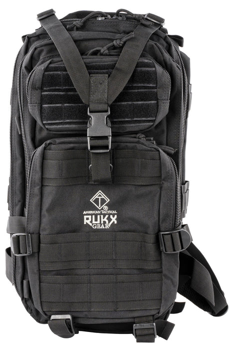 Rukx Gear ATICT1DB Tactical 1 Day Water Resistant Black 600D Polyester with Molle Webbing, Non-Rust Zippers, Hook & Loop Panel, 5 Storage Areas 18" x 11" x 11"