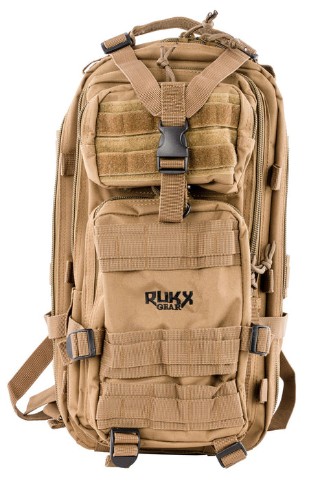 Rukx Gear ATICT1DT Tactical 1 Day Water Resistant Tan 600D Polyester with Molle Webbing, Non-Rust Zippers, Hook & Loop Panel, 5 Storage Areas 18" x 11" x 11"