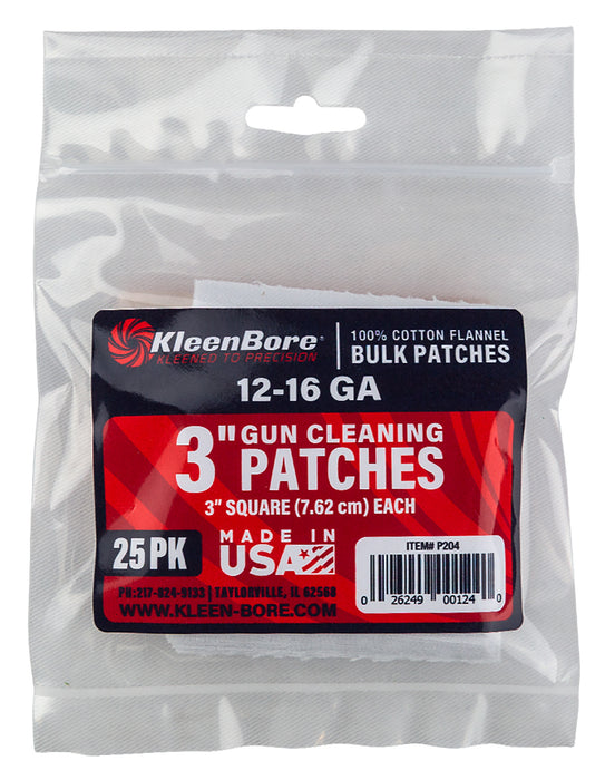 KleenBore P204 Super Shooter  12-16 Gauge Shotgun 3" 100% Cotton Flannel 25 Per Pack