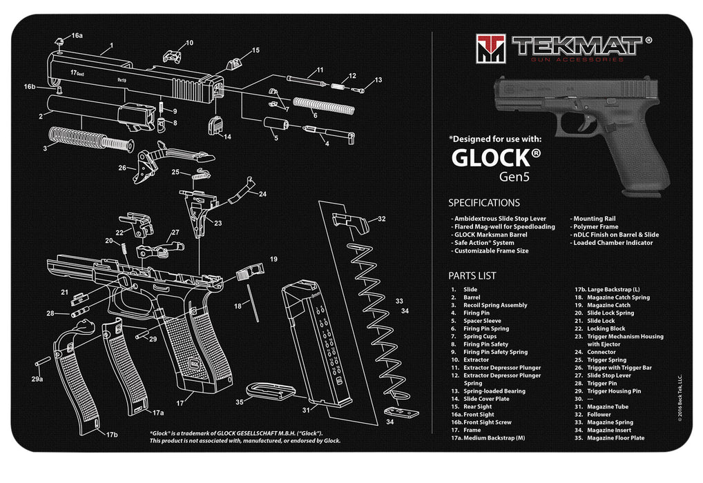 TekMat TEKR17GLOCKG5 Glock Gen5 Cleaning Mat Glock Gen5 Parts Diagram 11" x 17"