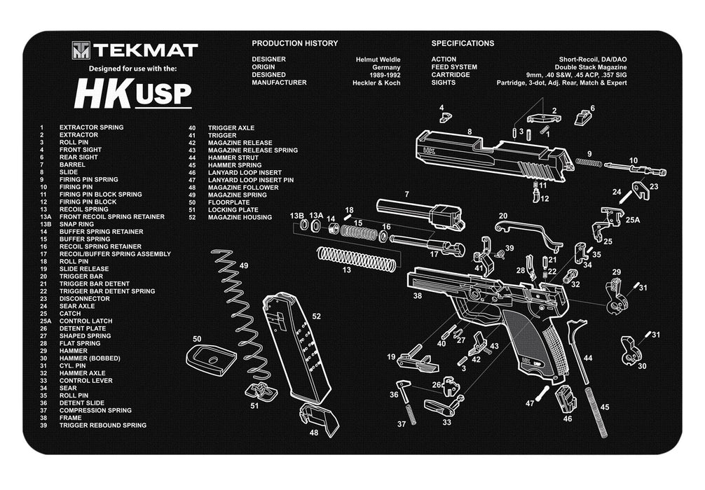 TekMat TEKR17HKUSP HK USP Cleaning Mat HK USP Parts Diagram 11" x 17"