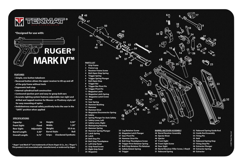 TekMat TEKR17RUGERMK4 Ruger Mark IV Cleaning Mat Ruger Mark IV Parts Diagram 11" x 17"