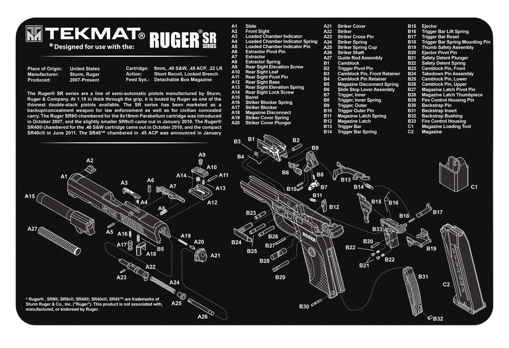 TekMat TEKR17RUGERSR9 Ruger SR 9 Cleaning Mat Black/White Rubber 17" Long