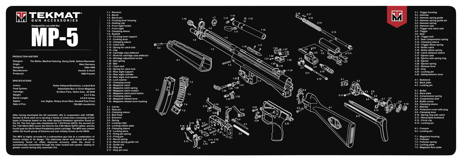 TekMat TEKR36HKMP5 MP5 Cleaning Mat HK MP5 Parts Diagram 12" x 36"