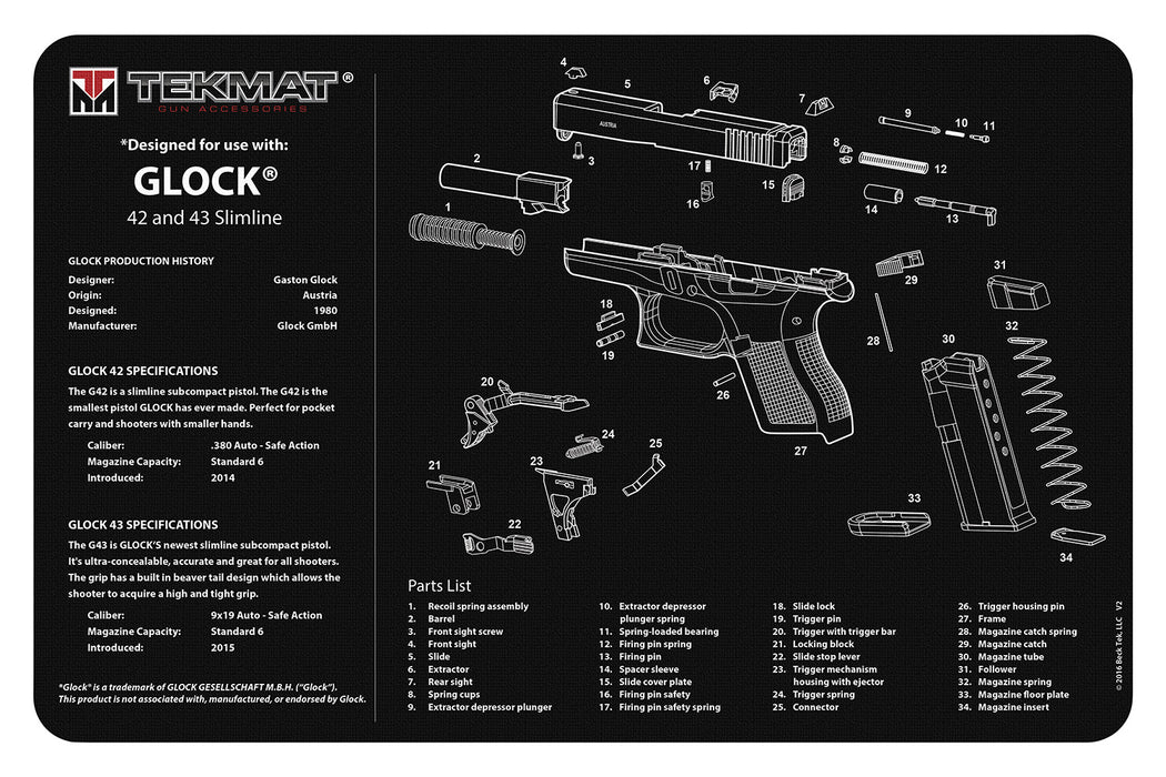 TekMat TEKR20GLOCK4243 Glock 42/43 Ultra 20 Cleaning Mat Glock 42/43 Parts Diagram 15" x 20"