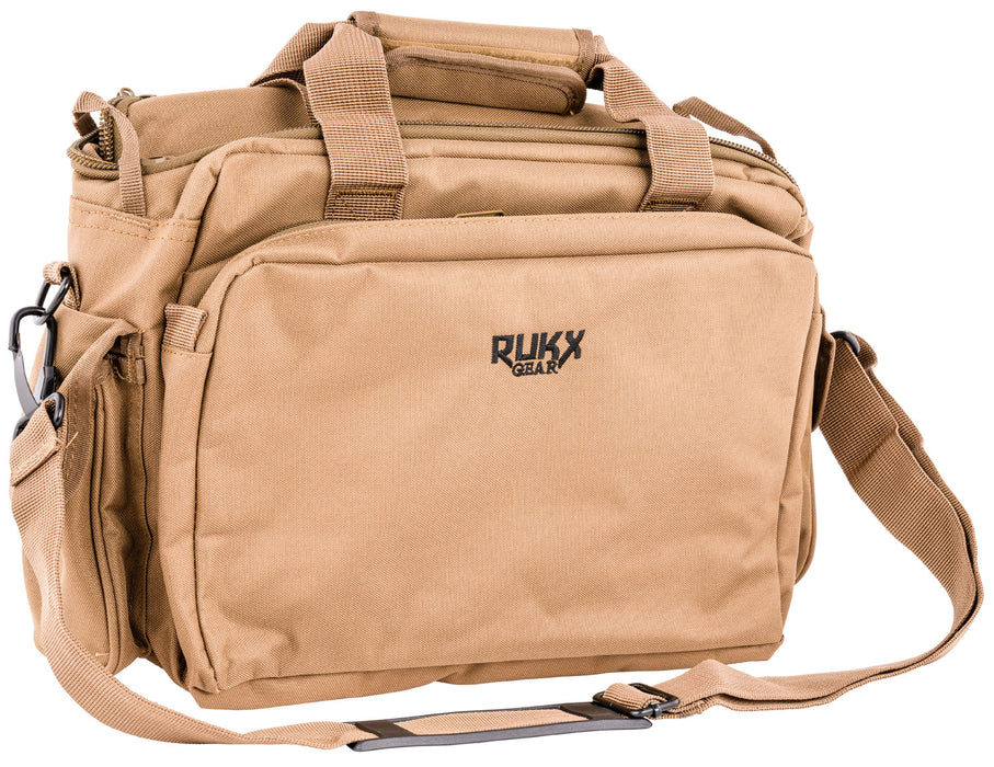 Rukx Gear ATICTRBT Tactical Range Bag  Water Resistant Tan 600D Polyester with Hidden Handgun Pocket, Mag & Ammo Storage, Non-Rust Zippers & Carry Handle 16" x 7.50" x 10.50" Interior Dimensions