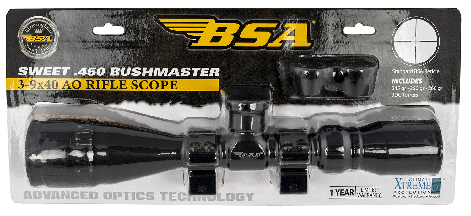 BSA 45039X40AOWRTB Sweet 450 Bushmaster Matte Black 3-9x40mm AO 1" Tube 30/30 Reticle Features Weaver Rings