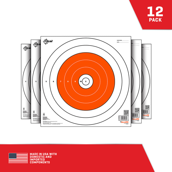 EZ-Aim 15496 Paper Targets  Bullseye Paper Hanging 12" x 12" White/Orange 12 PK