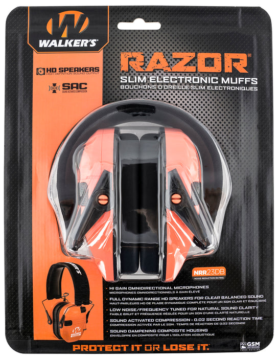 Walker's GWPRSEMCOR Razor Slim Electronic Muff 23 dB Over the Head Coral/Black Polymer