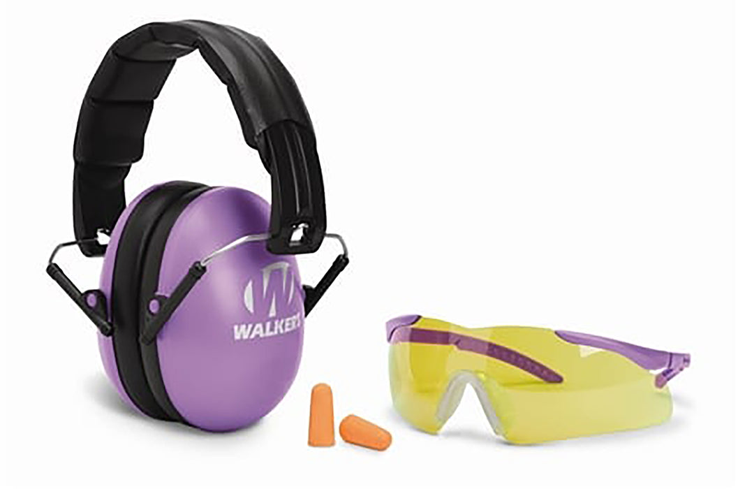 Walker's GWPYWFM2GFPPUR Folding Muff Combo 23 dB Over the Head Folding Muff, Foam Ear Plugs, Shooting Glasses, Purple/Black Polymer Fits Youth/Women