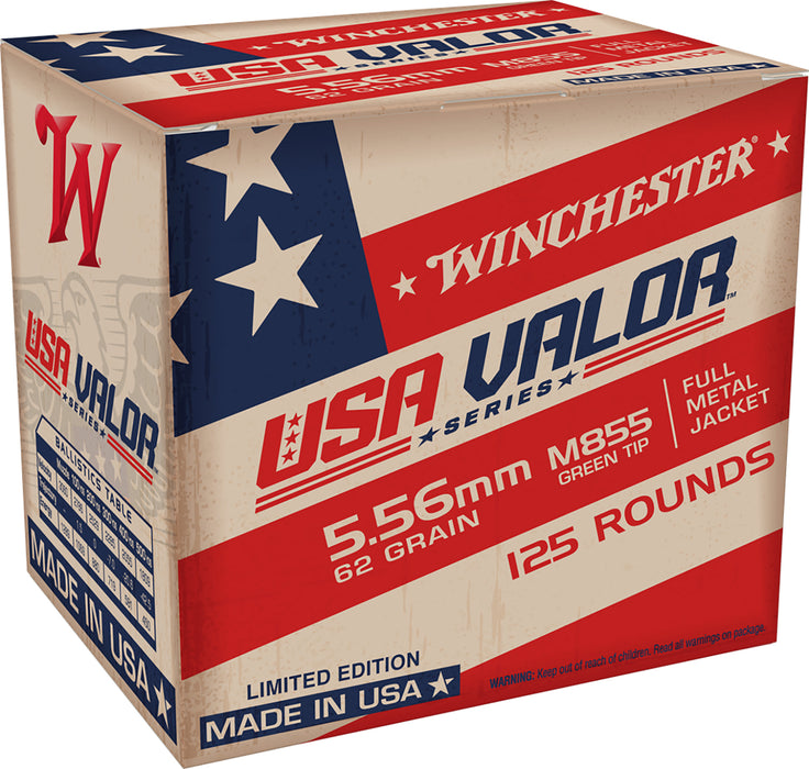 Winchester Ammo USA855125 USA Valor M855 Green Tip 5.56x45mm NATO 62 gr 3060 fps Full Metal Jacket (FMJ) 125 Bx/10 Cs