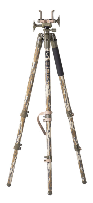 Bog-Pod 1164398 DeathGrip  Tripod made of Mossy Oak Bottomland Finish Aluminum with Steel Feet, 360 Degree Pan, Integrated Bubble Level & Lever-Leg Locks