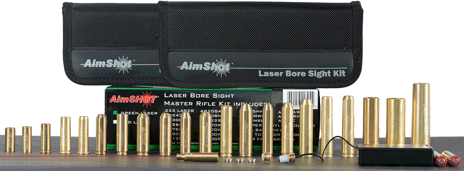 AimShot  Master Kit  Multi-Caliber Bore Sight with Red 650nM Laser, Uses L736 Button Cell Batteries & 2 AAA Batteries for Battery Pack for Rifles (Batteries Not Included)