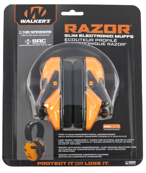 Walker's GWPRSEMBLZ Razor Slim Electronic Muff 23 dB Over the Head Blaze Orange/Black Polymer