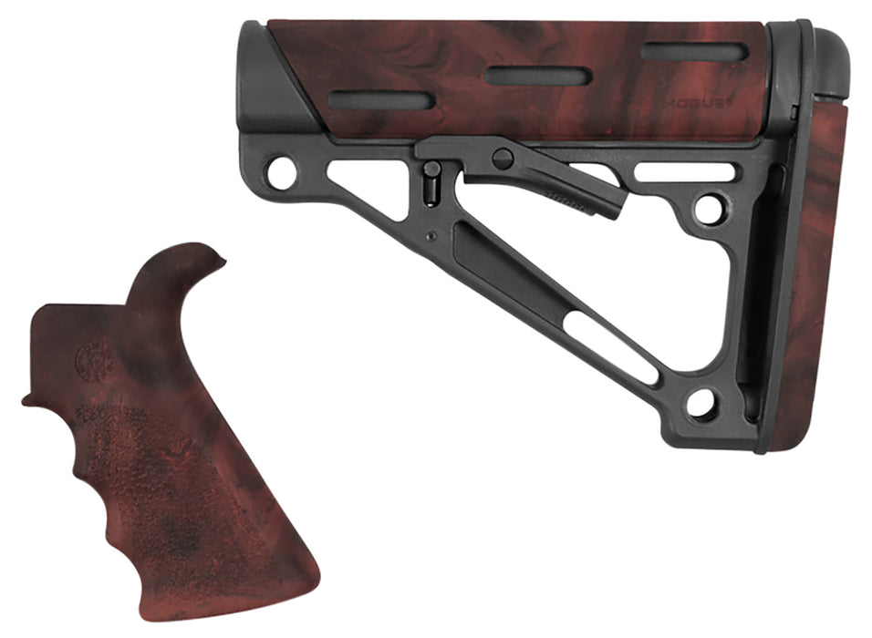 Hogue 15456 OverMolded Collapsible Buttstock Black Synthetic Red Lava OverMolded Rubber & Red Lava Rubber Finger Grooved Grip for AR-15, M16 with Mil-Spec Buffer Tube (Tube Not Included)