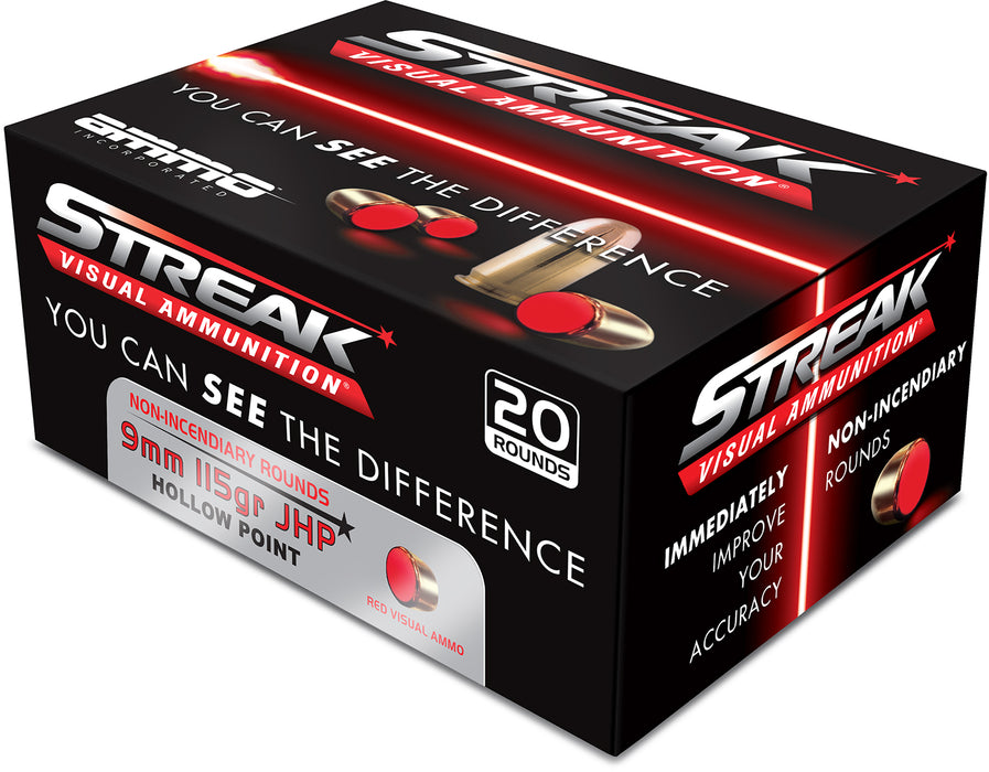 Ammo Inc 9115JHPSTRKRED Streak Visual  9mm Luger 115 gr Jacketed Hollow Point (JHP) 20 Per Box/10 Cs