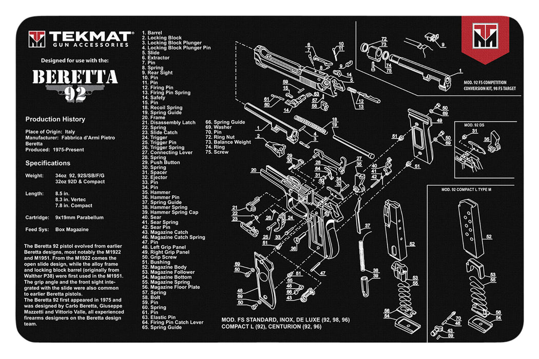 TekMat TEKR17BER92 Beretta 92 Cleaning Mat Beretta 92 Parts Diagram 11" x 17"