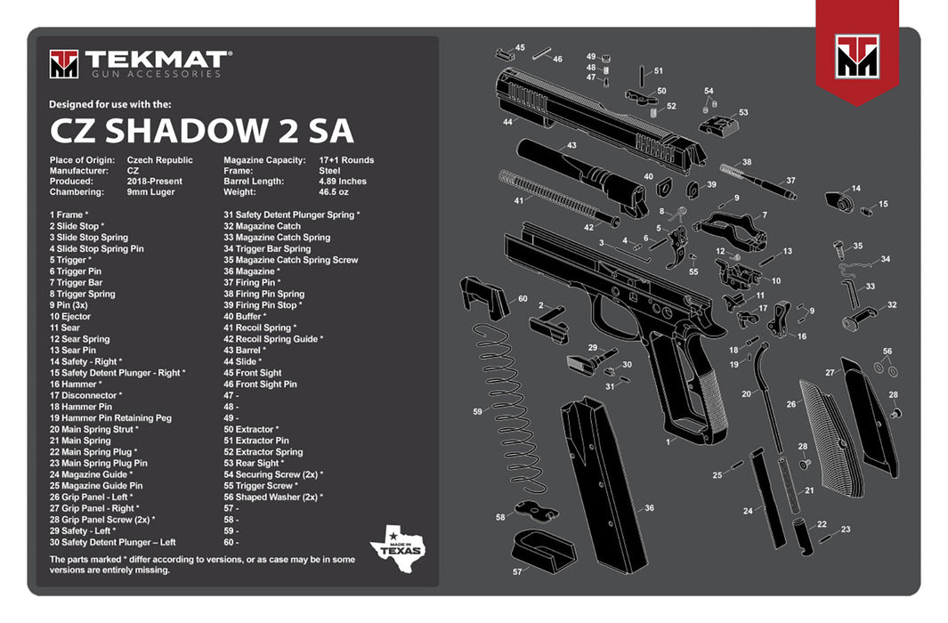 TekMat TEKR17CZSHDW2 CZ Shadow 2 SA Cleaning Mat CZ-75 Shadow 2 SA Parts Diagram 11" x 17"