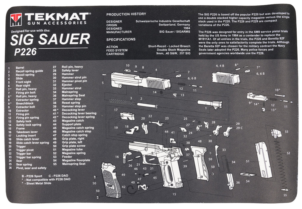 TekMat TEKR17SIGP226 Sig Sauer P226 Cleaning Mat Sig P226 Parts Diagram 11" x 17"