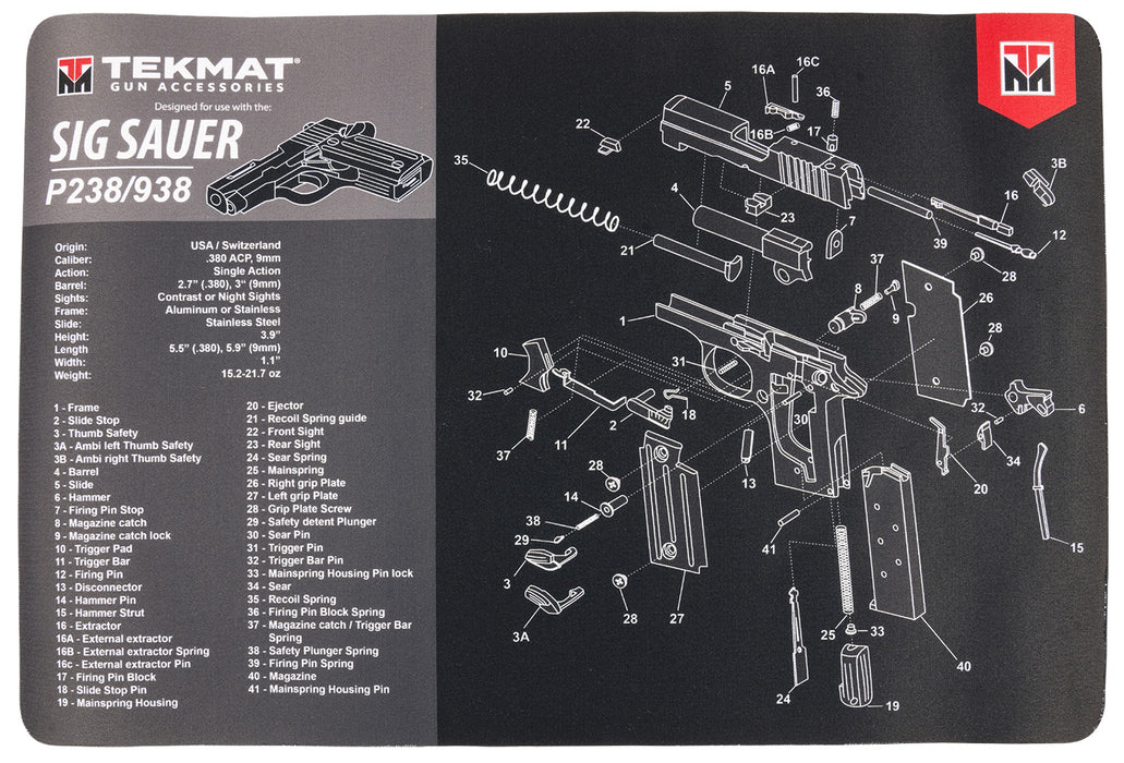 TekMat TEKR17SIGP238 Sig Sauer P238 Cleaning Mat Sig P238 Parts Diagram 11" x 17"