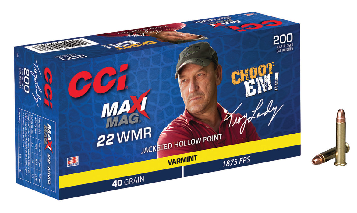 CCI 958 Maxi-Mag  22 WMR 40 gr 1875 fps Jacketed Hollow Point (JHP) 200 Bx/10 Cs