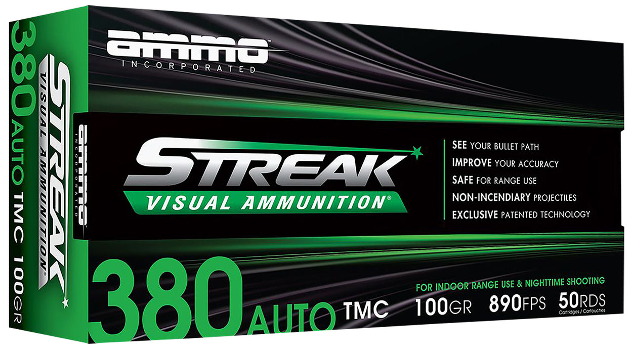 Ammo Inc 380100TMCSTRKGRN50 Streak Visual (GREEN)  380 ACP 100 gr Total Metal Case (TMC) 50 Per Box/20 Cs