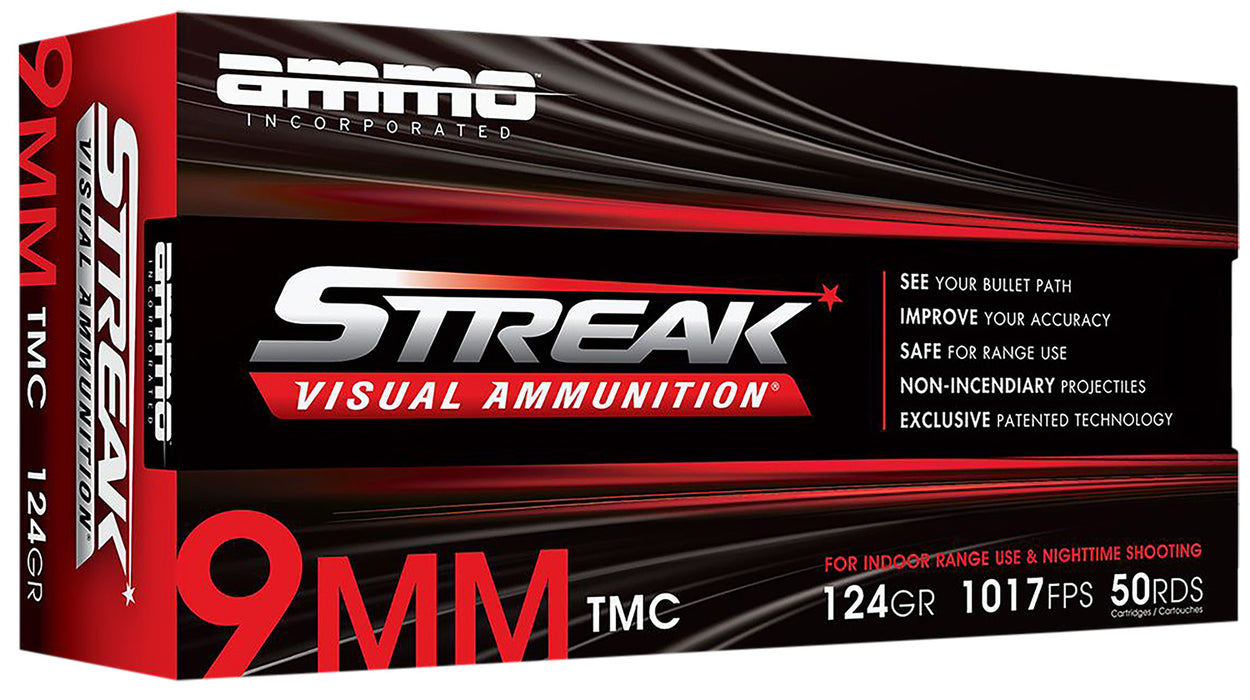 Ammo Inc 9124TMCSTRKRED50 Streak Visual (RED)  9mm 124 gr Total Metal Case (TMC) 50 Per Box/20 Cs