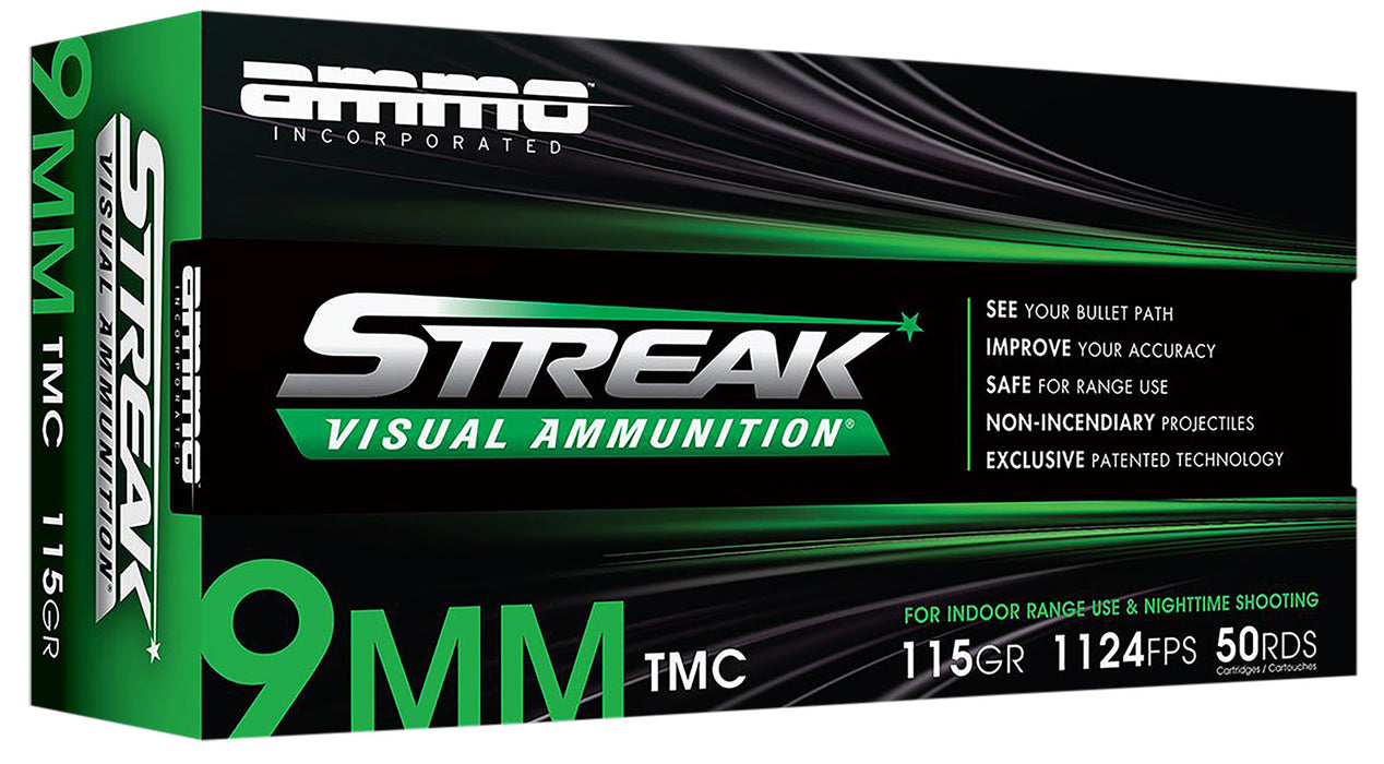 Ammo Inc 9115TMCSTRKGRN50 Streak Visual (GREEN)  9mm 115 gr Total Metal Case (TMC) 50 Per Box/20 Cs