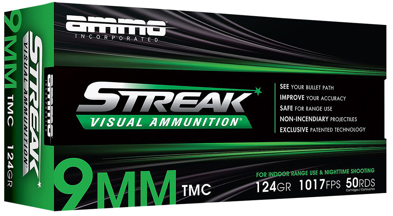 Ammo Inc 9124TMCSTRKGRN50 Streak Visual (GREEN)  9mm 124 gr Total Metal Case (TMC) 50 Per Box/20 Cs