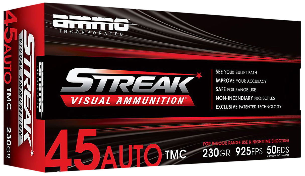 Ammo Inc 45230TMCSTRKRED50 Streak Visual (RED)  45 ACP 230 gr Total Metal Case (TMC) 50 Per Box/ 20 C