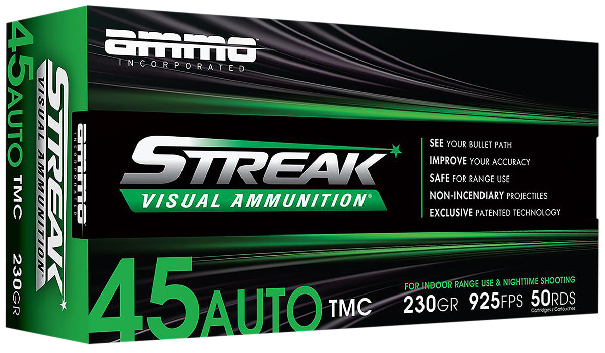 Ammo Inc 45230TMCSTRKGRN50 Streak Visual (RED)  45 ACP 230 gr Total Metal Case (TMC) 50 Per Box/20 Cs